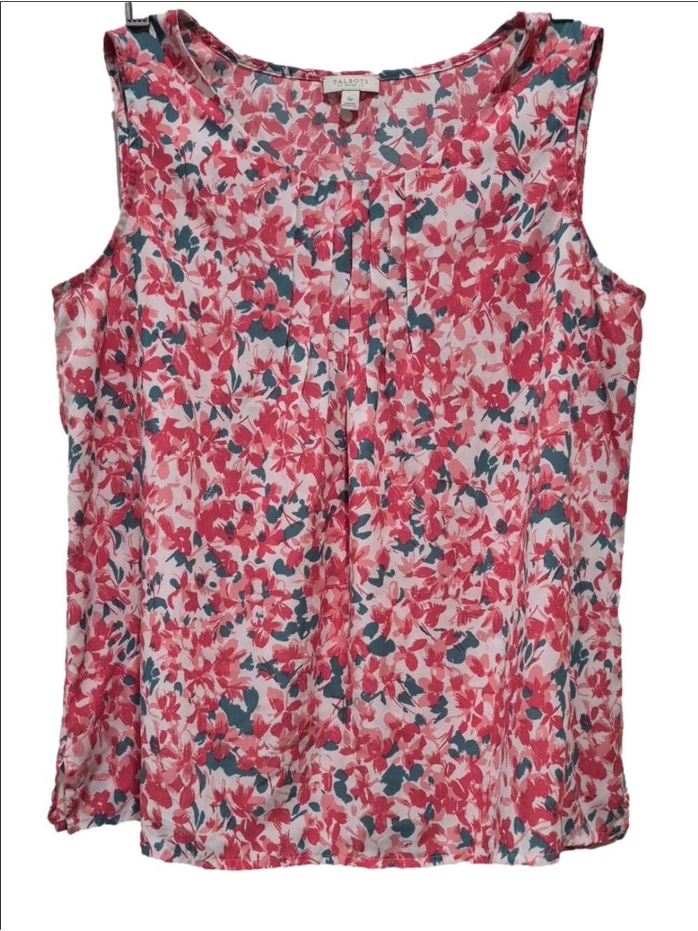 Talbots Floral Sleeveless Blouse Coral Teal Pleated Neck Size Sp